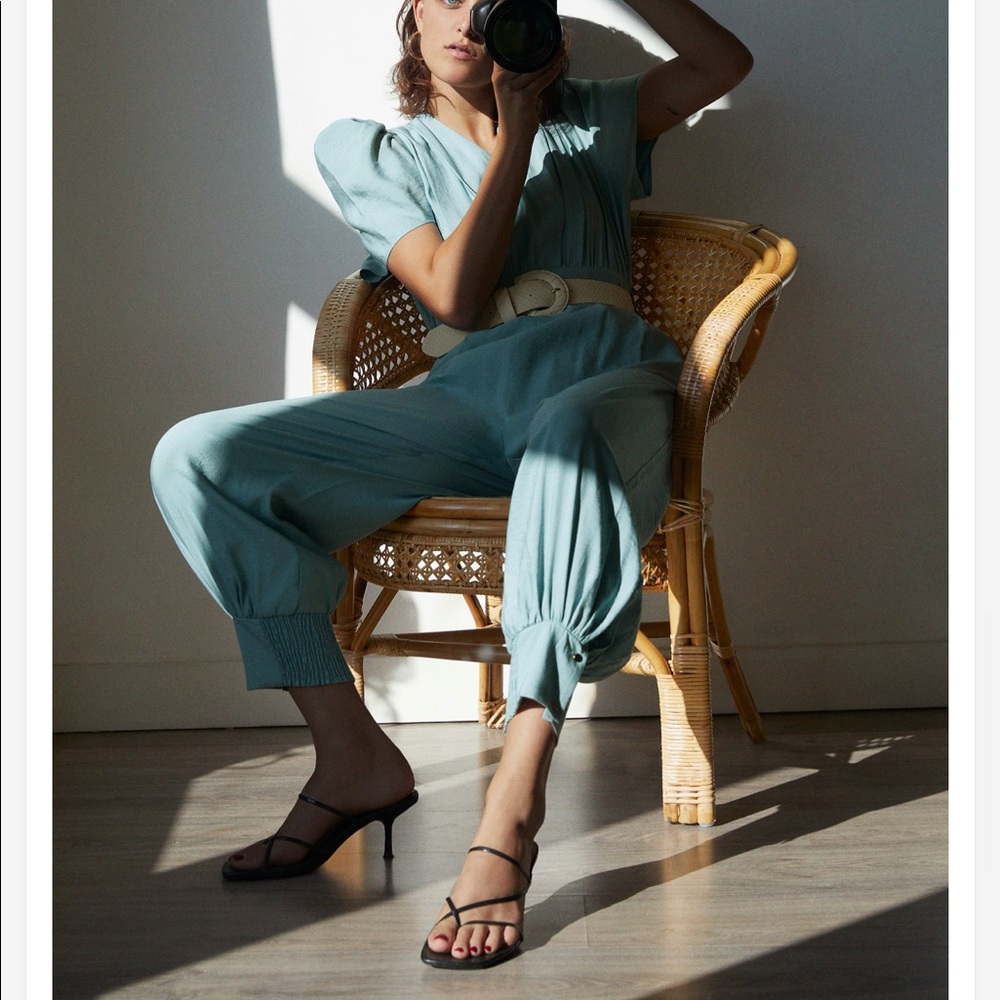 Zara NWOT Puff Sleeve Blue Belted Jumpsuit - Picture 9 of 16